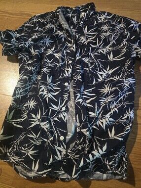H&M Navy Blue and White Button-Down Shirt - Tropical Leaf Print